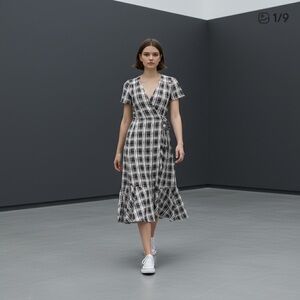 Urban Outfitters Plaid True Wrap Dress Midi Cottage Core Black Cream Size S #965